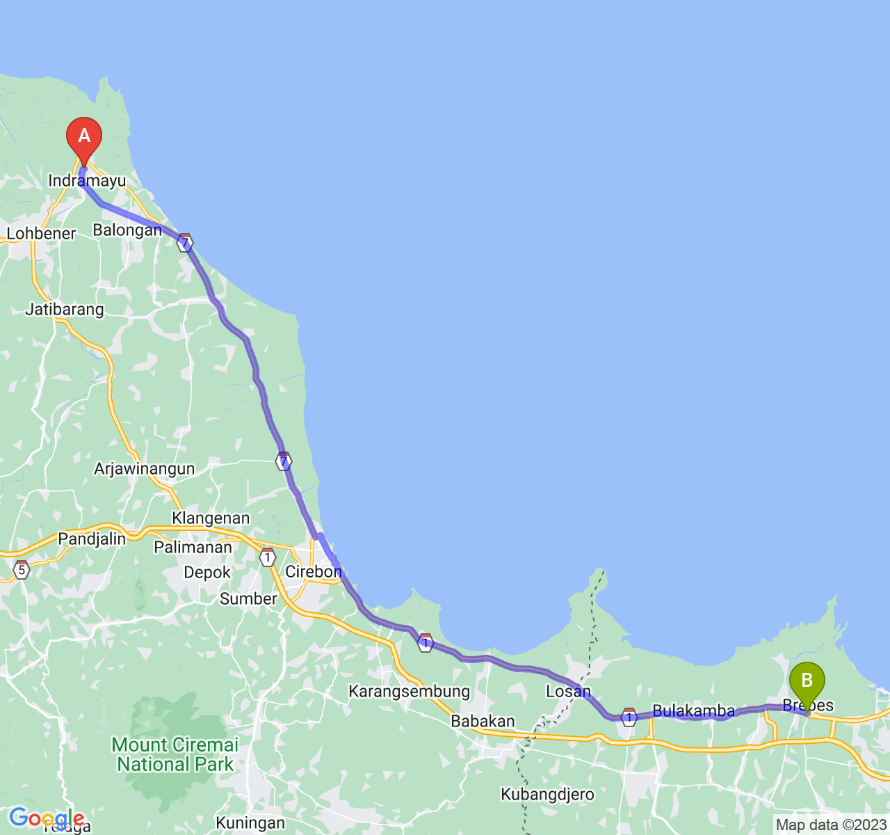 perjalanan dengan rute Kab. Indramayu-Kab. Brebes