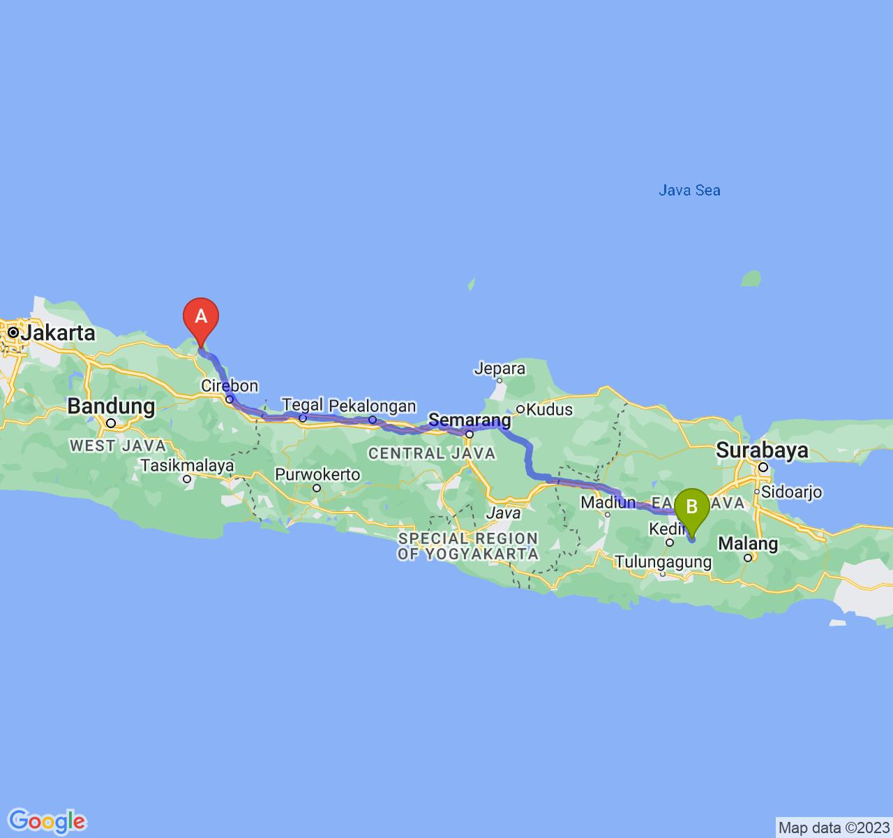 perjalanan dengan rute Kab. Indramayu-Kab. Kediri