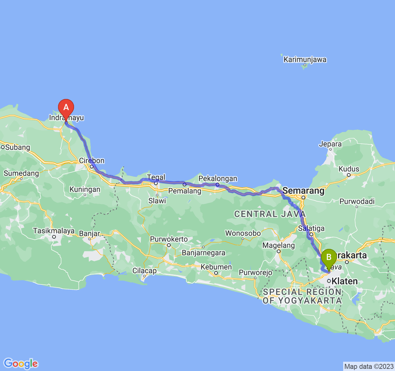 perjalanan dengan rute Kab. Indramayu-Kab. Klaten