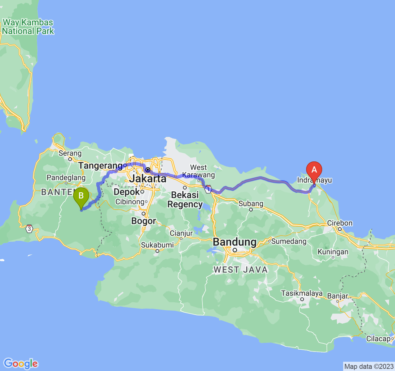 perjalanan dengan rute Kab. Indramayu-Kab. Lebak