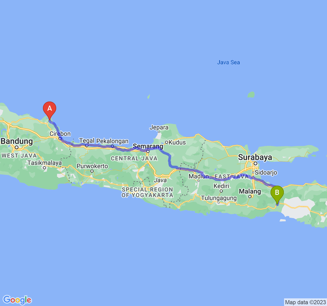 perjalanan dengan rute Kab. Indramayu-Kab. Lumajang