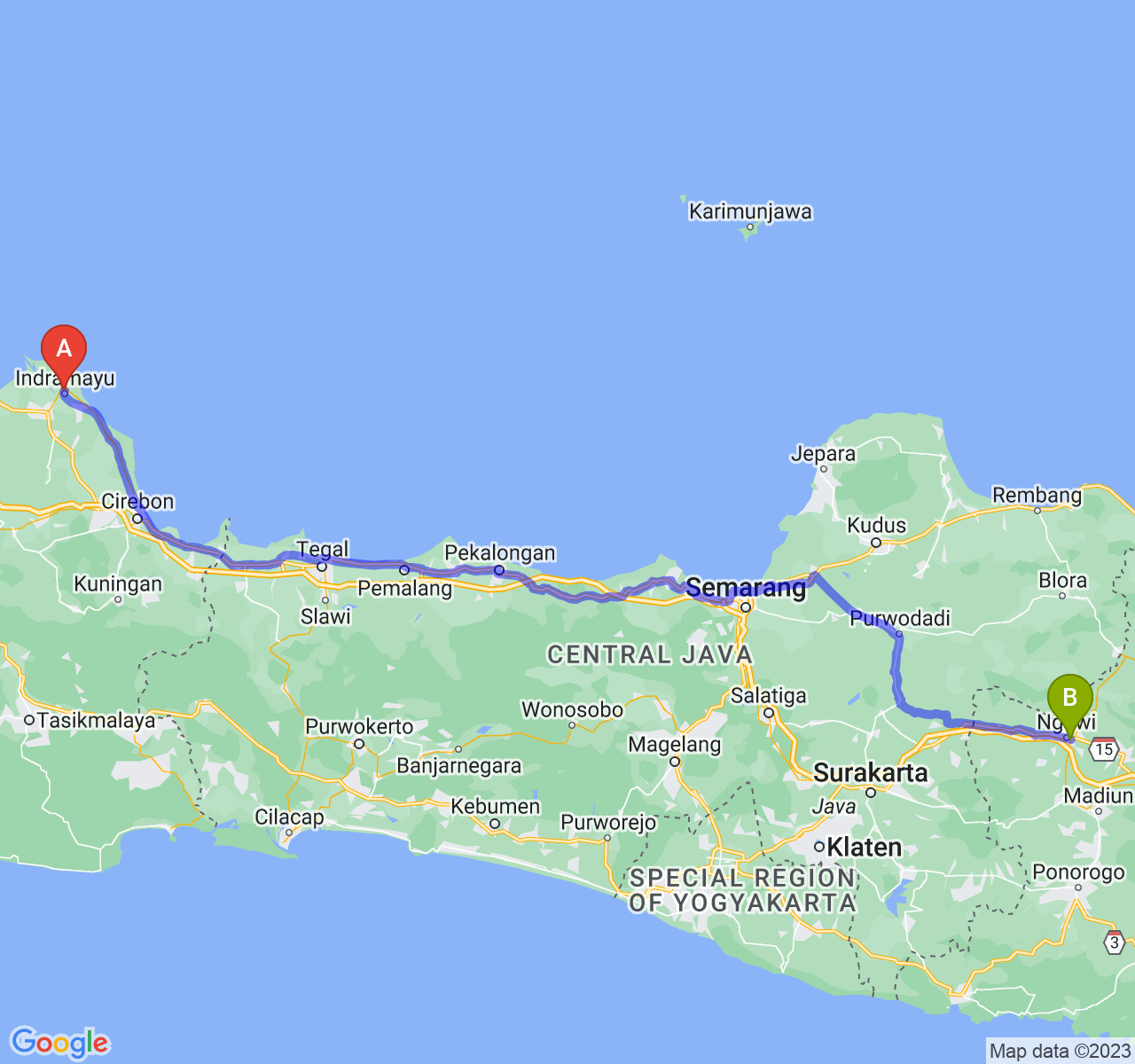 perjalanan dengan rute Kab. Indramayu-Kab. Ngawi