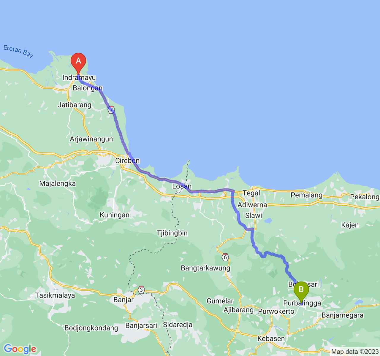 perjalanan dengan rute Kab. Indramayu-Kab. Purbalingga