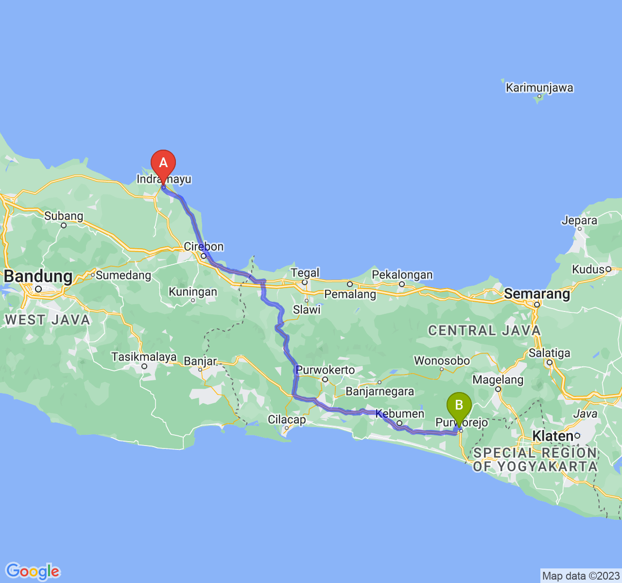 perjalanan dengan rute Kab. Indramayu-Kab. Purworejo