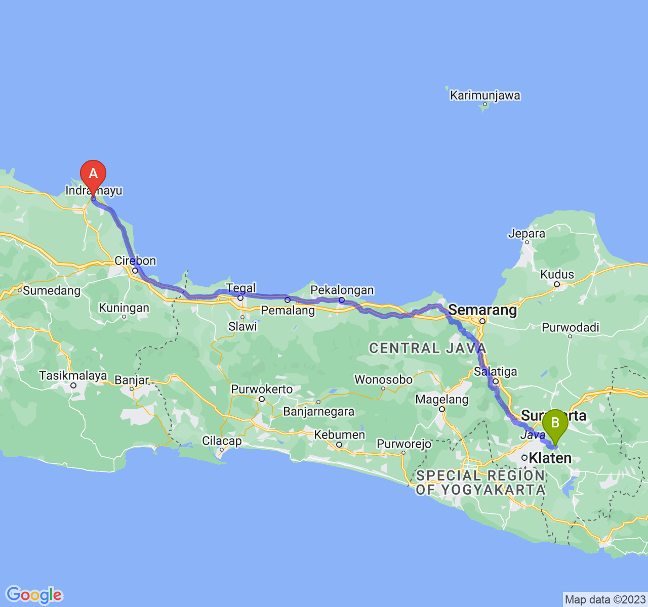 perjalanan dengan rute Kab. Indramayu-Kab. Sukoharjo