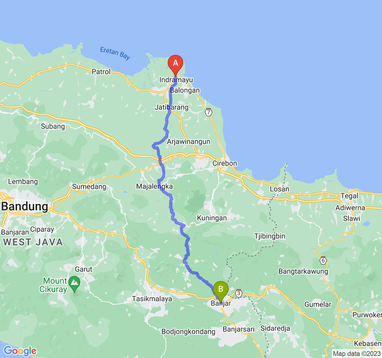 perjalanan dengan rute Kab. Indramayu-Kota Banjar