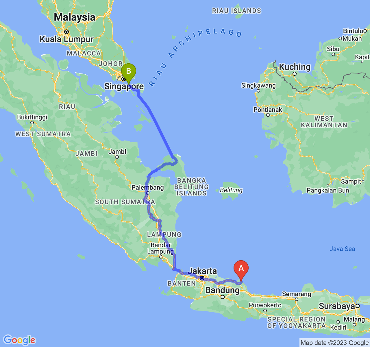 perjalanan dengan rute Kab. Indramayu-Kota Batam