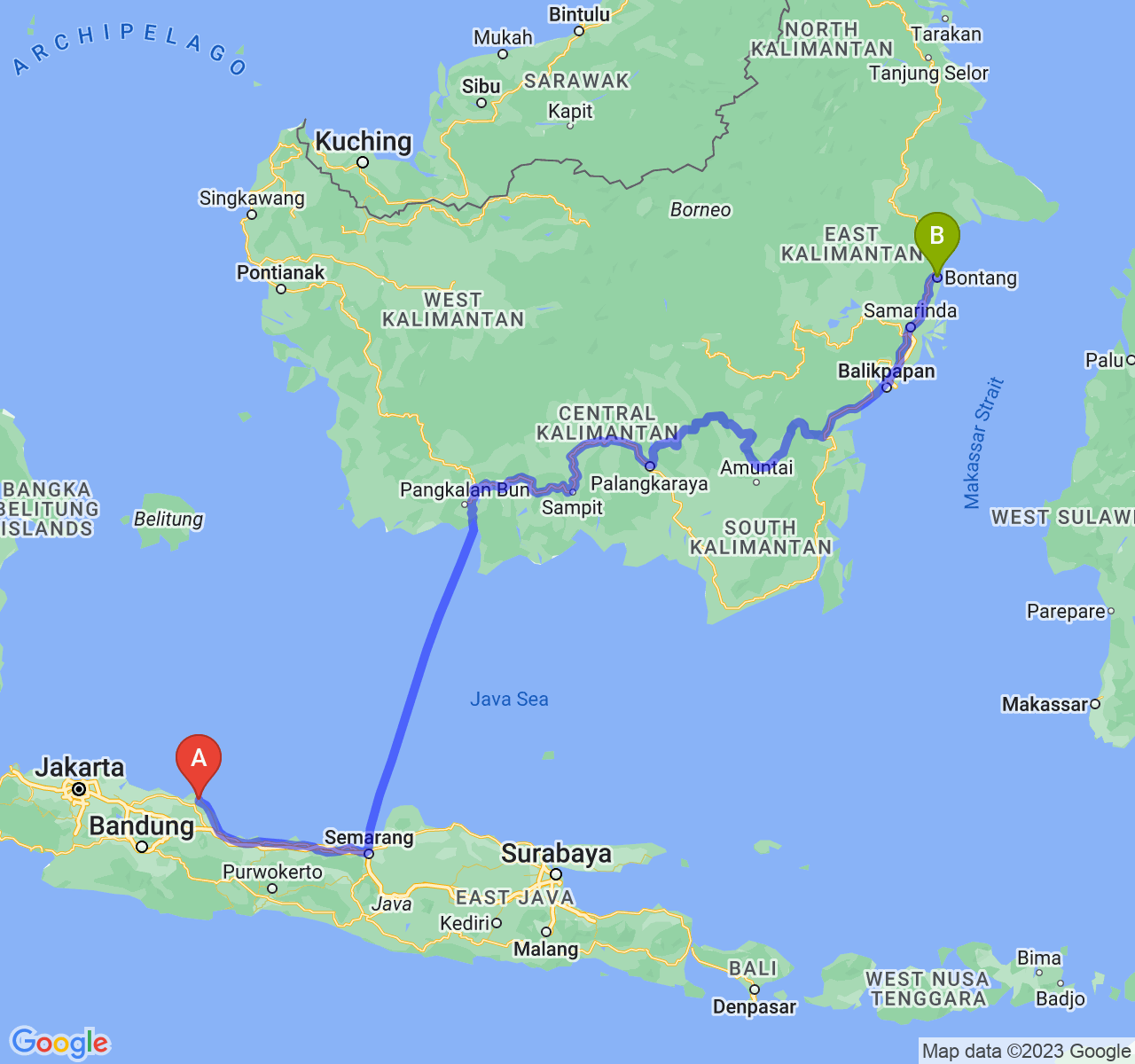 perjalanan dengan rute Kab. Indramayu-Kota Bontang