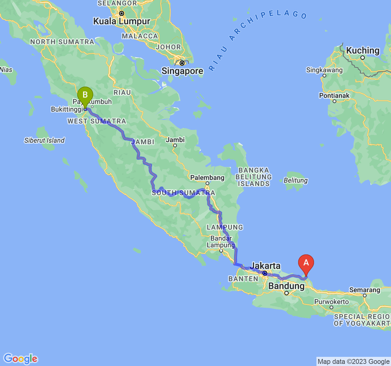 perjalanan dengan rute Kab. Indramayu-Kota Bukittinggi