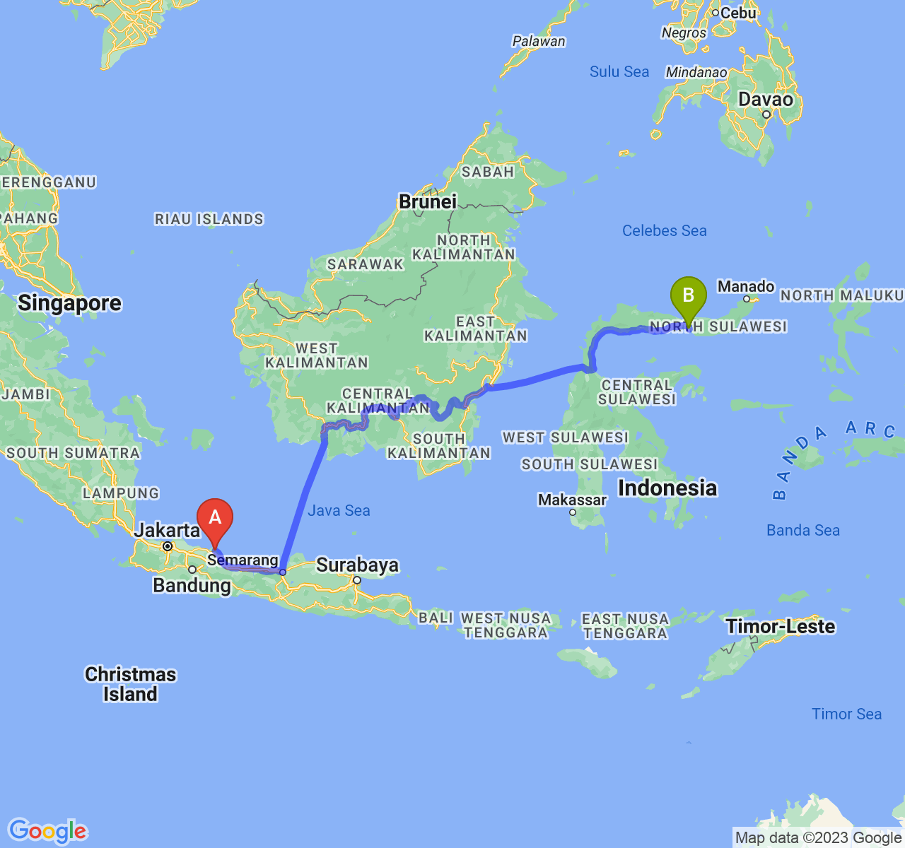 perjalanan dengan rute Kab. Indramayu-Kota Gorontalo