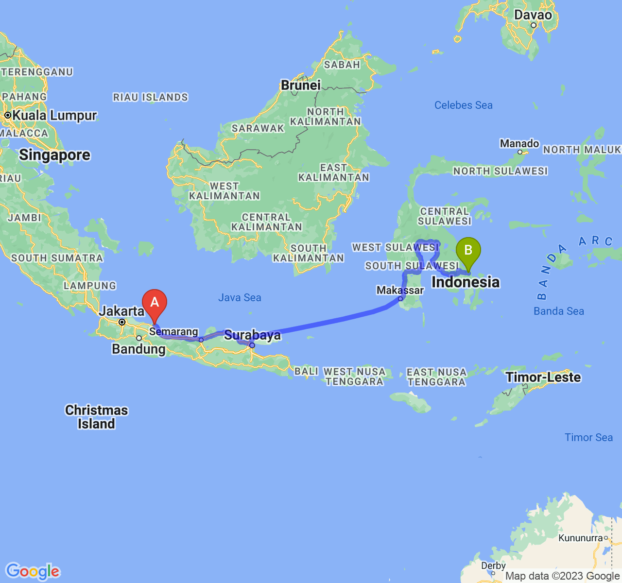 perjalanan dengan rute Kab. Indramayu-Kota Kendari