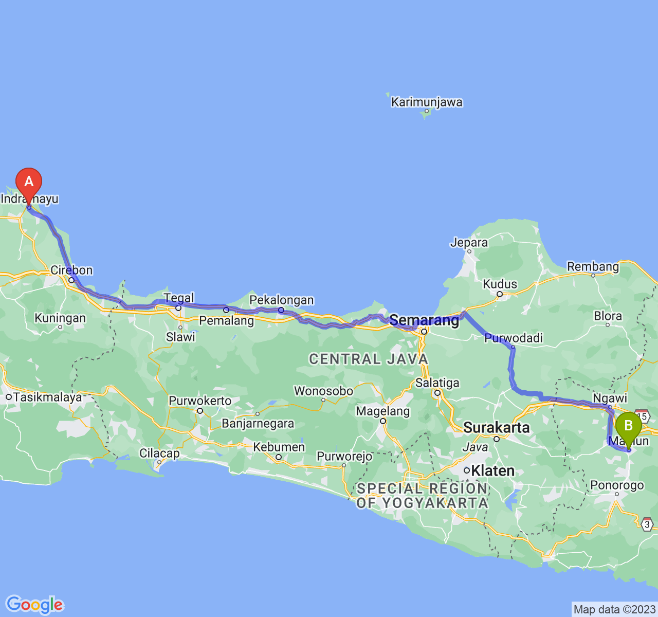 perjalanan dengan rute Kab. Indramayu-Kota Madiun