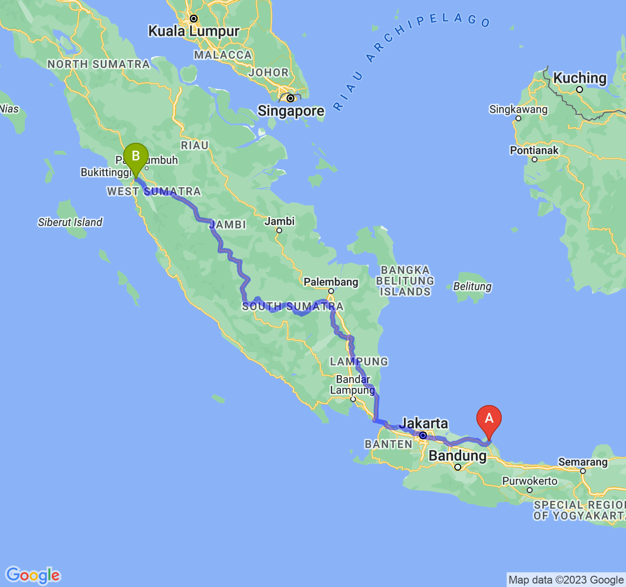 perjalanan dengan rute Kab. Indramayu-Kota Padang Panjang