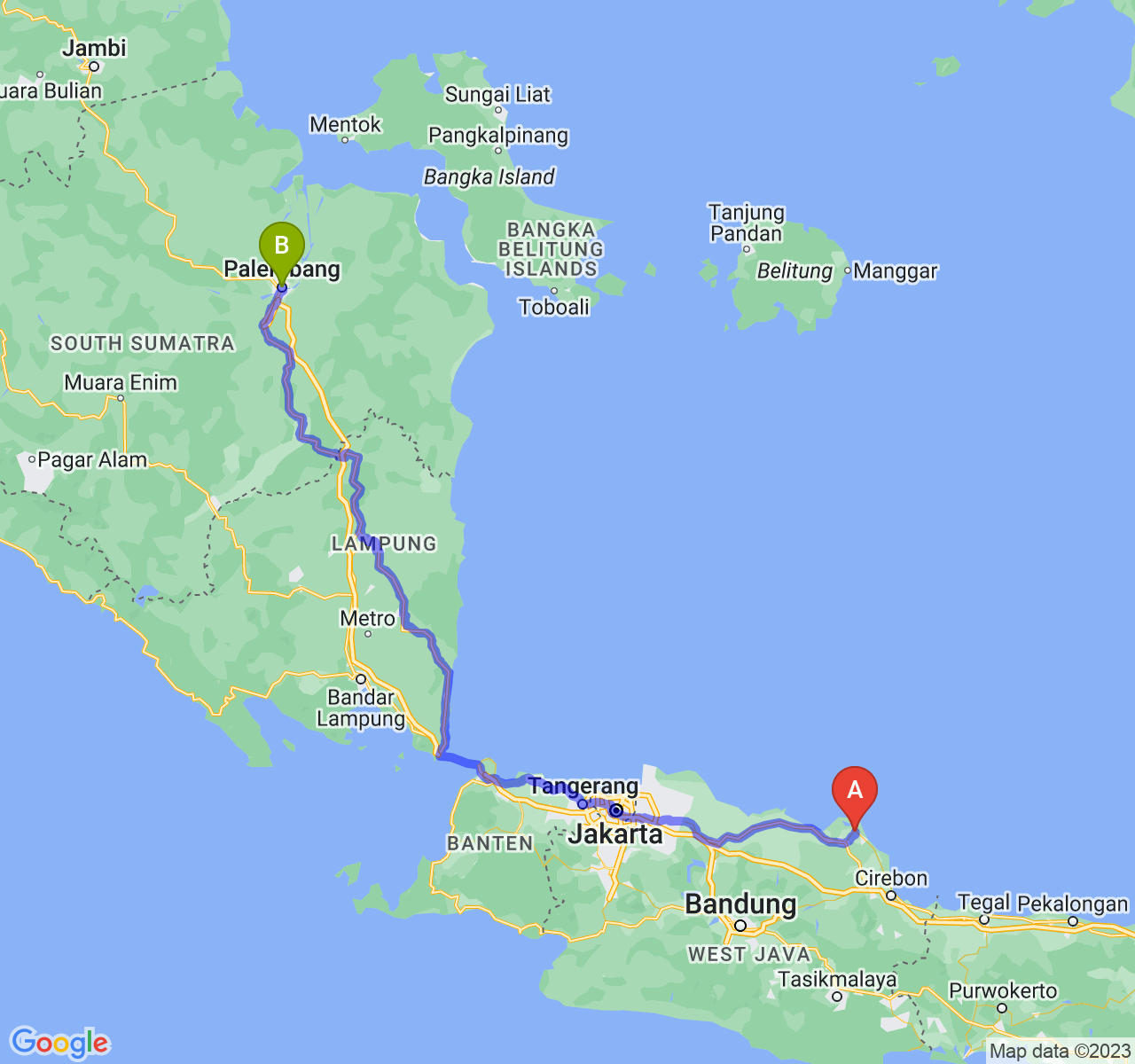 perjalanan dengan rute Kab. Indramayu-Kota Palembang