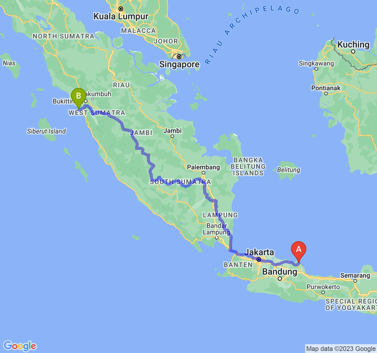 perjalanan dengan rute Kab. Indramayu-Kota Pariaman