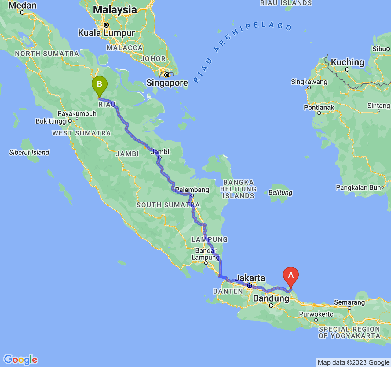 perjalanan dengan rute Kab. Indramayu-Kota Pekanbaru