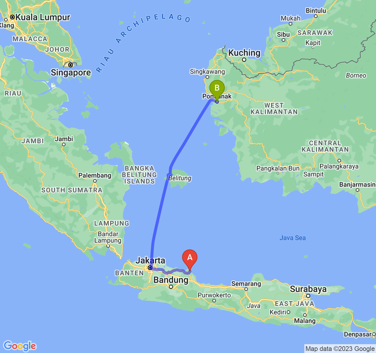 perjalanan dengan rute Kab. Indramayu-Kota Pontianak