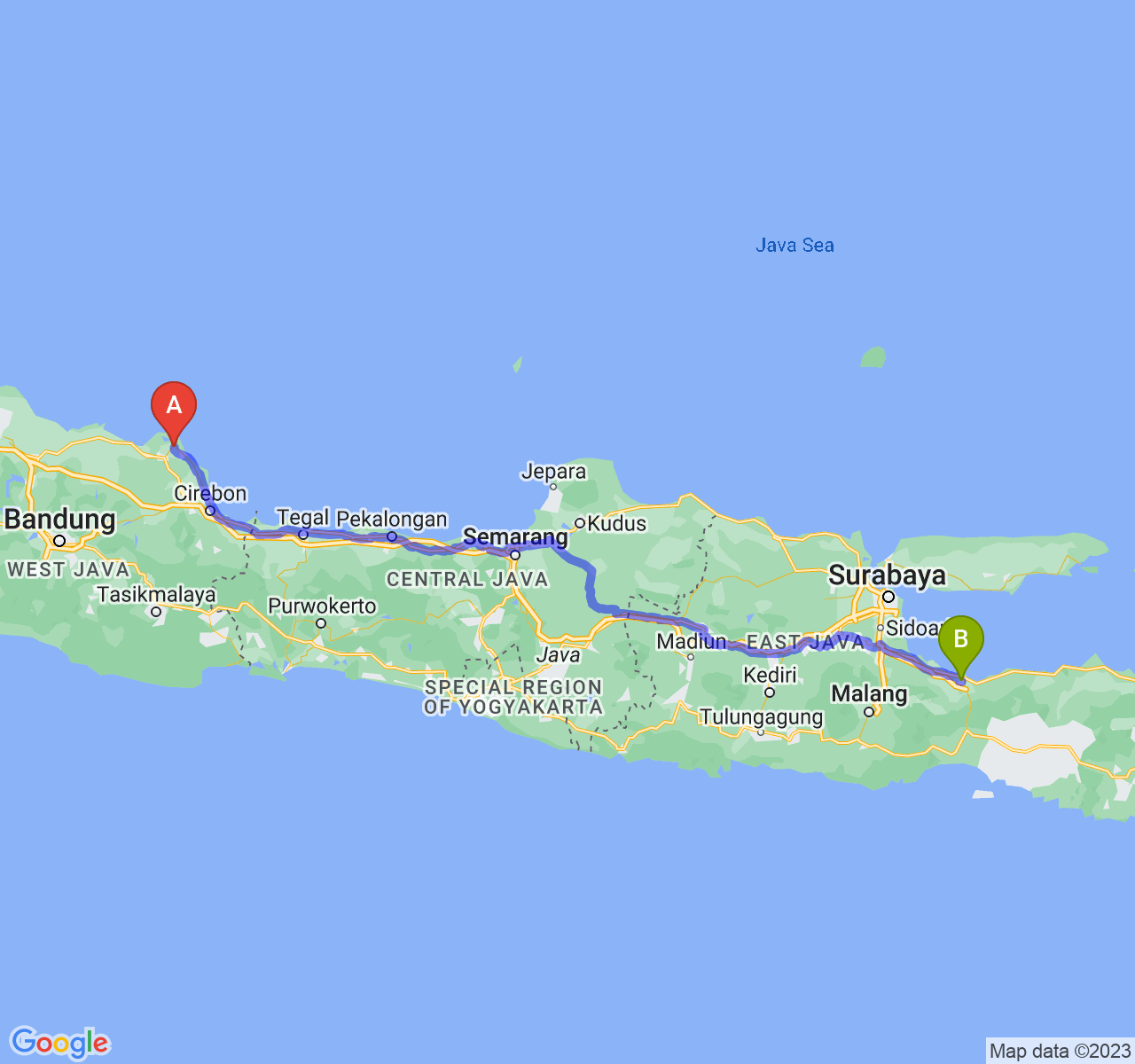 perjalanan dengan rute Kab. Indramayu-Kota Probolinggo