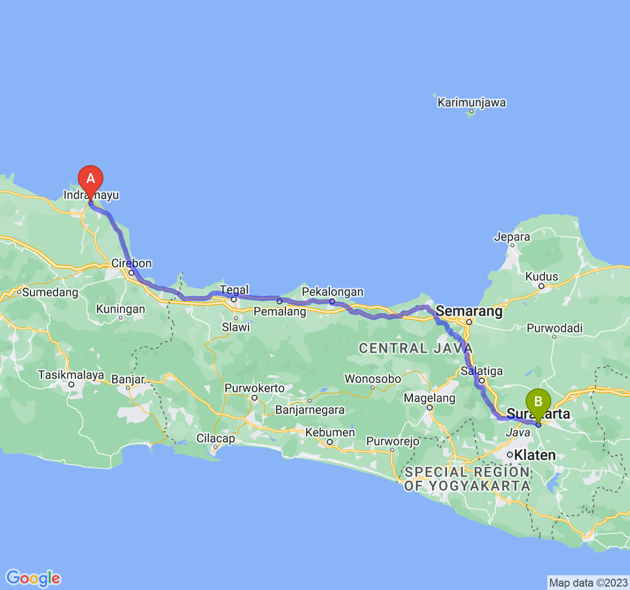 perjalanan dengan rute Kab. Indramayu-Kota Surakarta