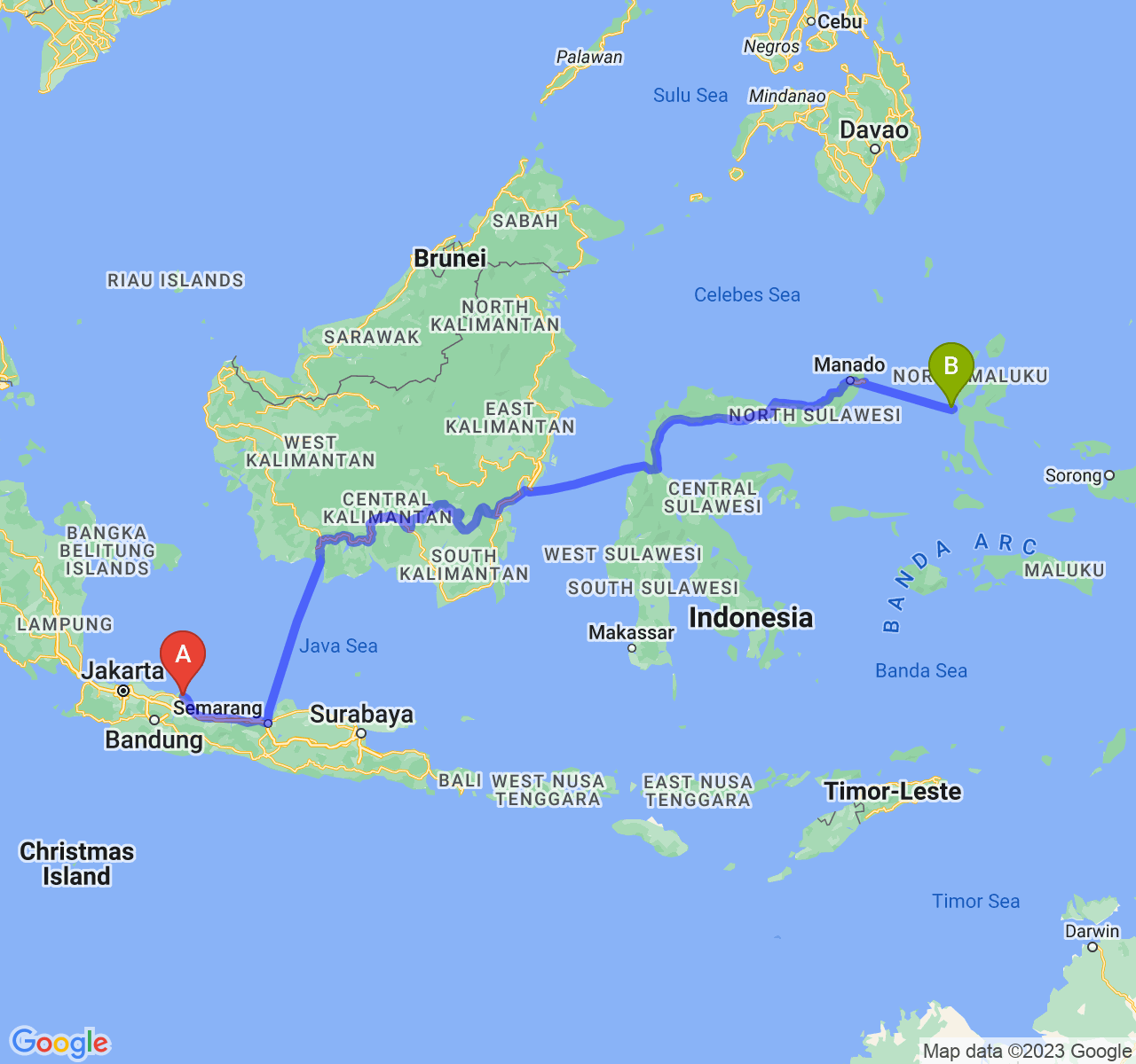 perjalanan dengan rute Kab. Indramayu-Kota Ternate