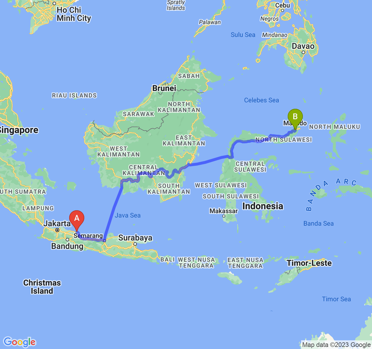 perjalanan dengan rute Kab. Indramayu-Kota Tomohon