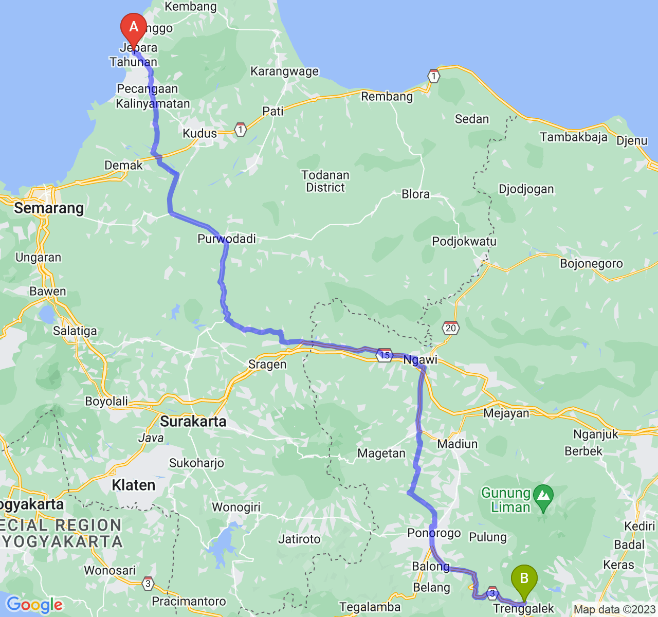 perjalanan dengan rute Kab. Jepara-Kab. Trenggalek