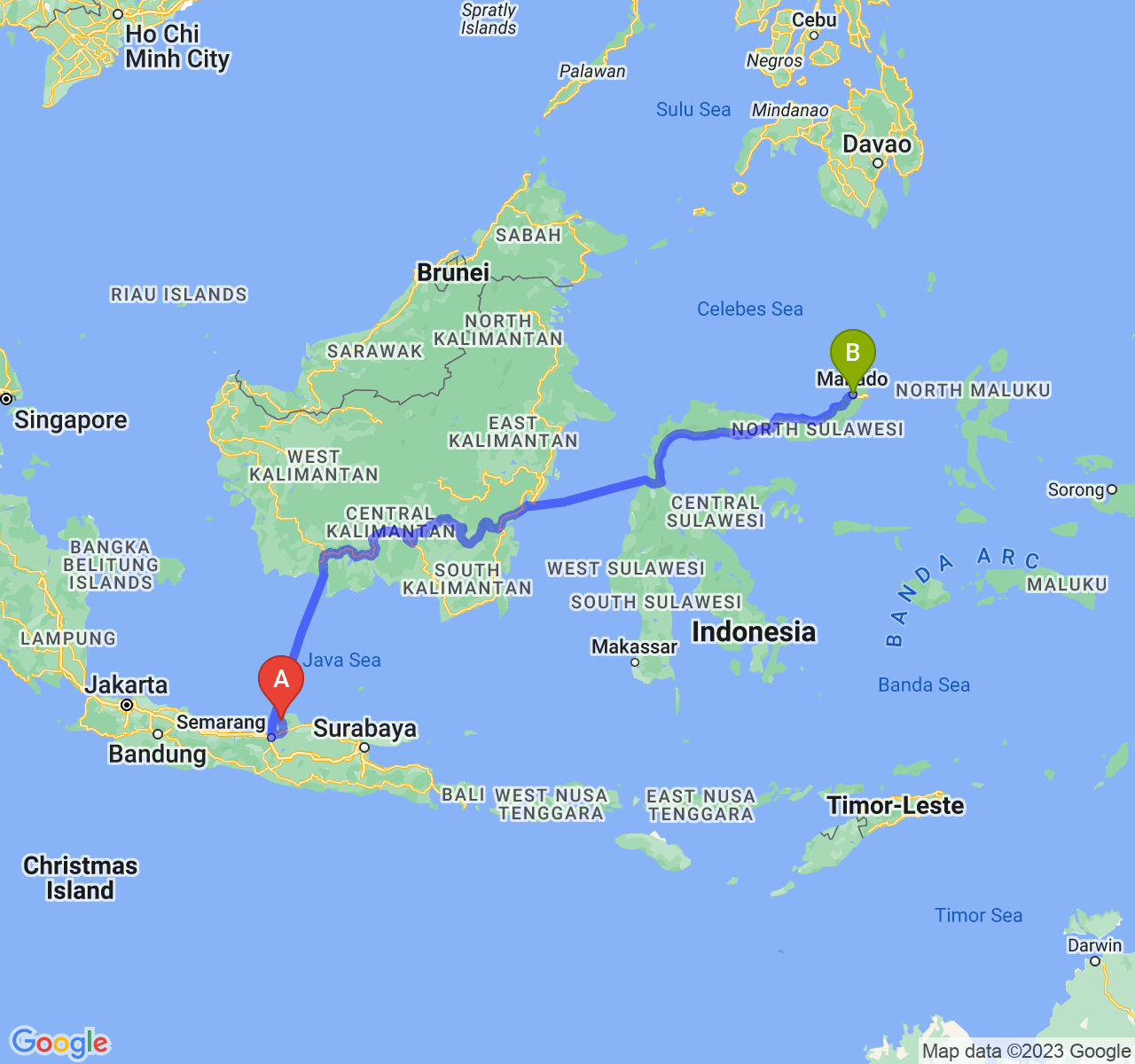 perjalanan dengan rute Kab. Jepara-Kota Manado