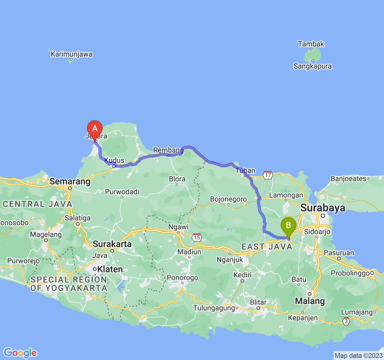 perjalanan dengan rute Kab. Jepara-Kota Mojokerto