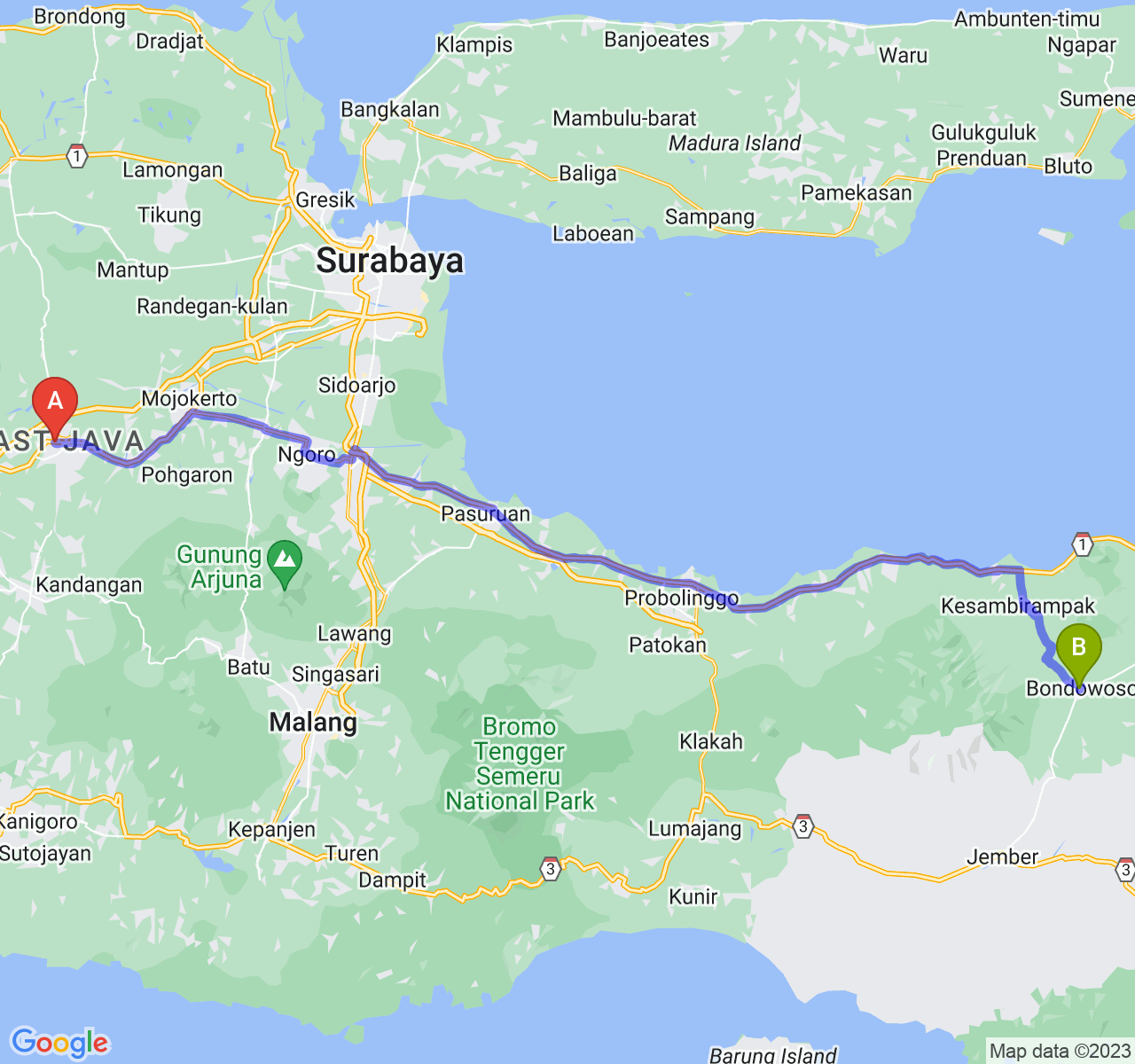 perjalanan dengan rute Kab. Jombang-Kab. Bondowoso