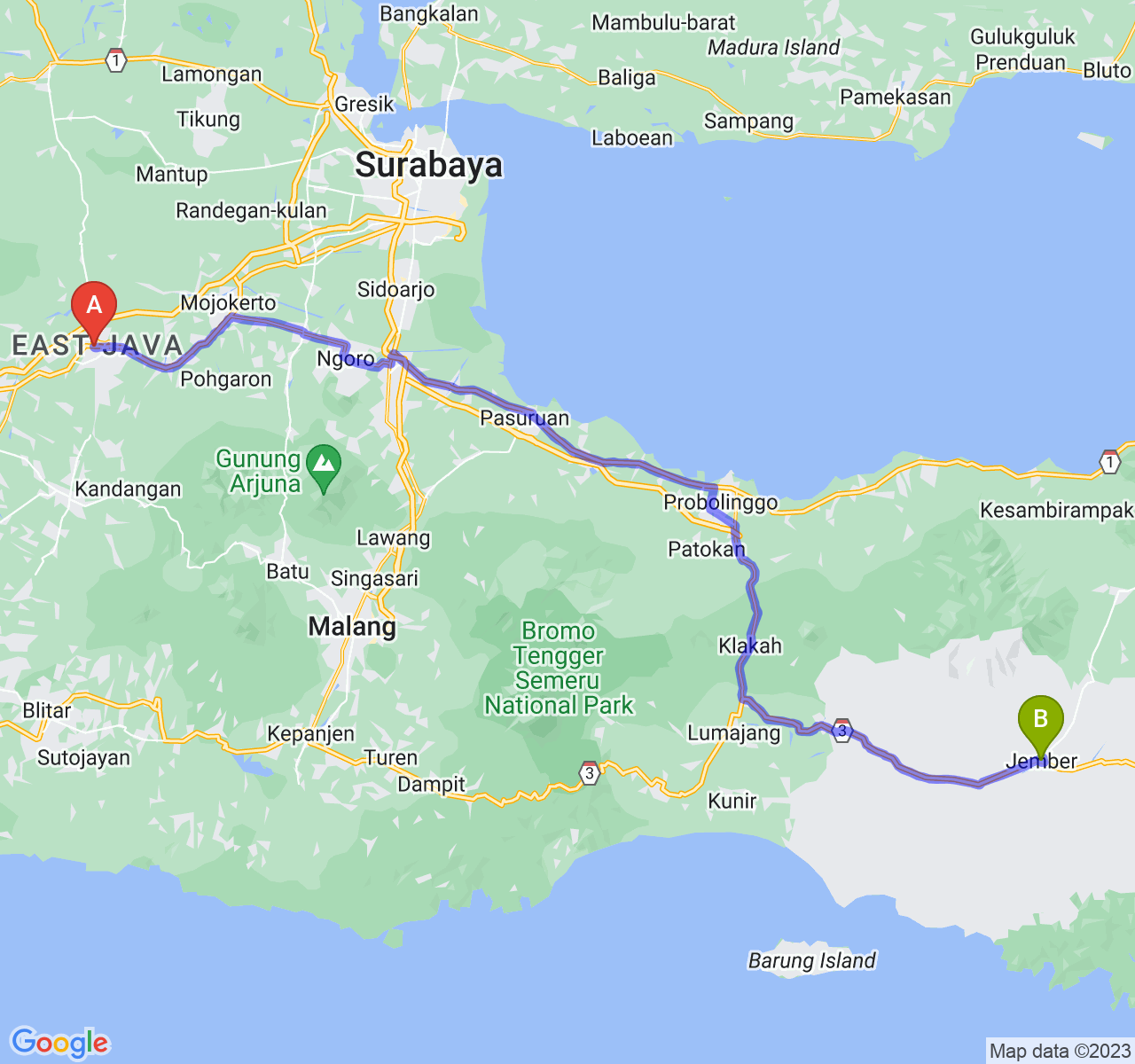 perjalanan dengan rute Kab. Jombang-Kab. Jember