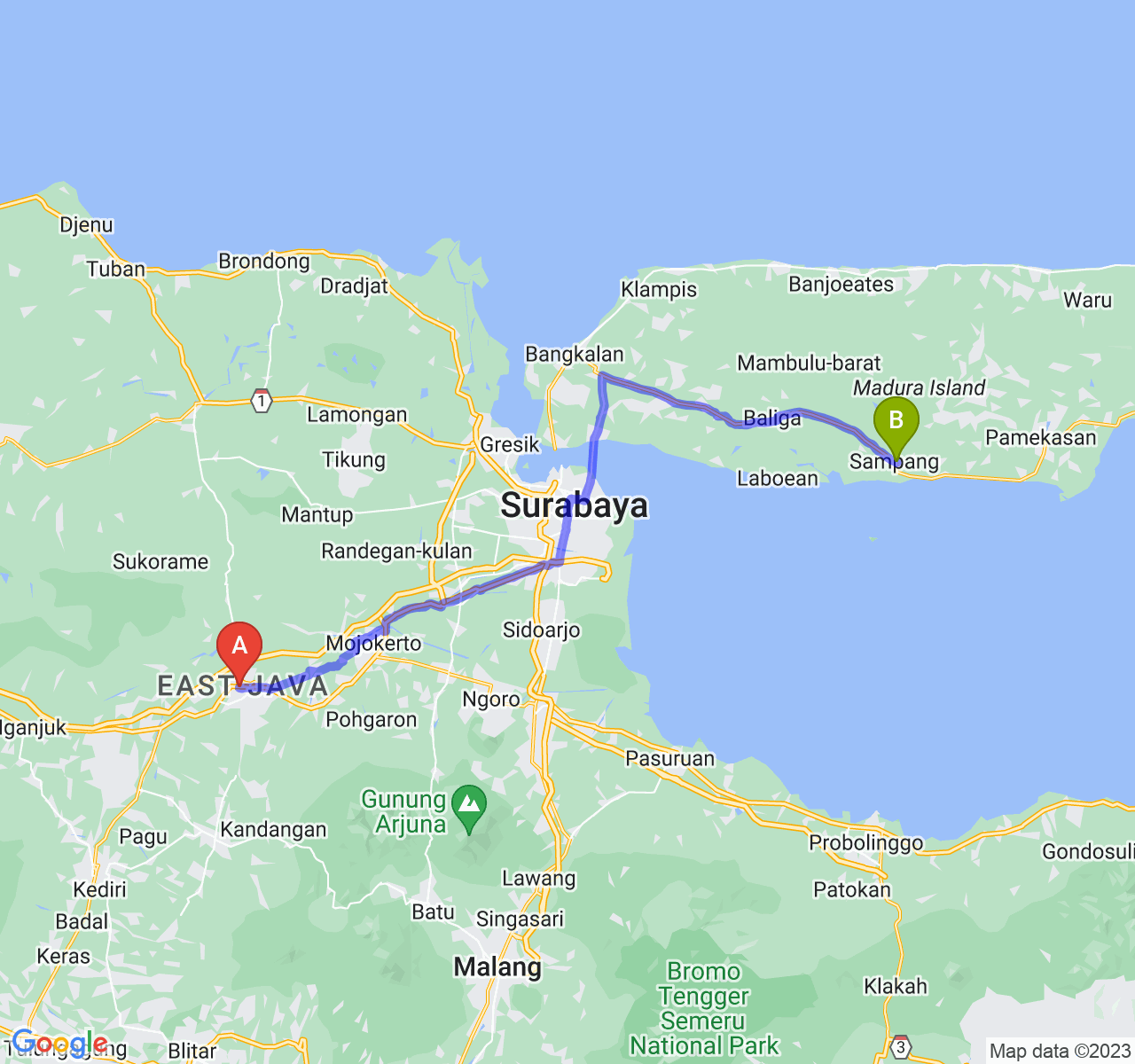 perjalanan dengan rute Kab. Jombang-Kab. Sampang