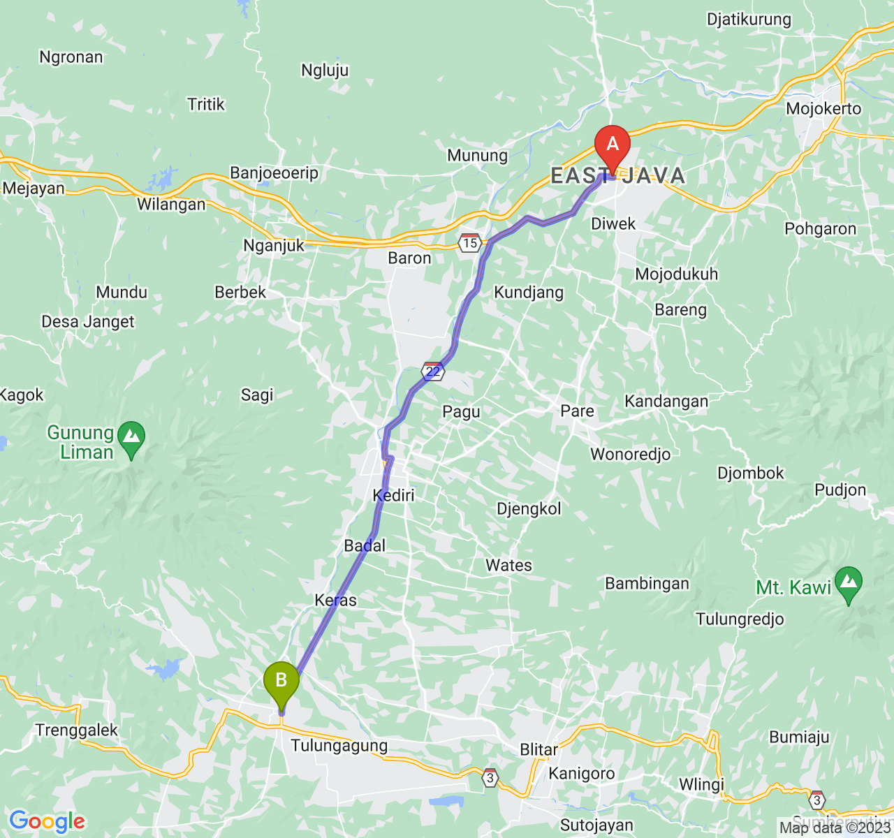 perjalanan dengan rute Kab. Jombang-Kab. Tulungagung