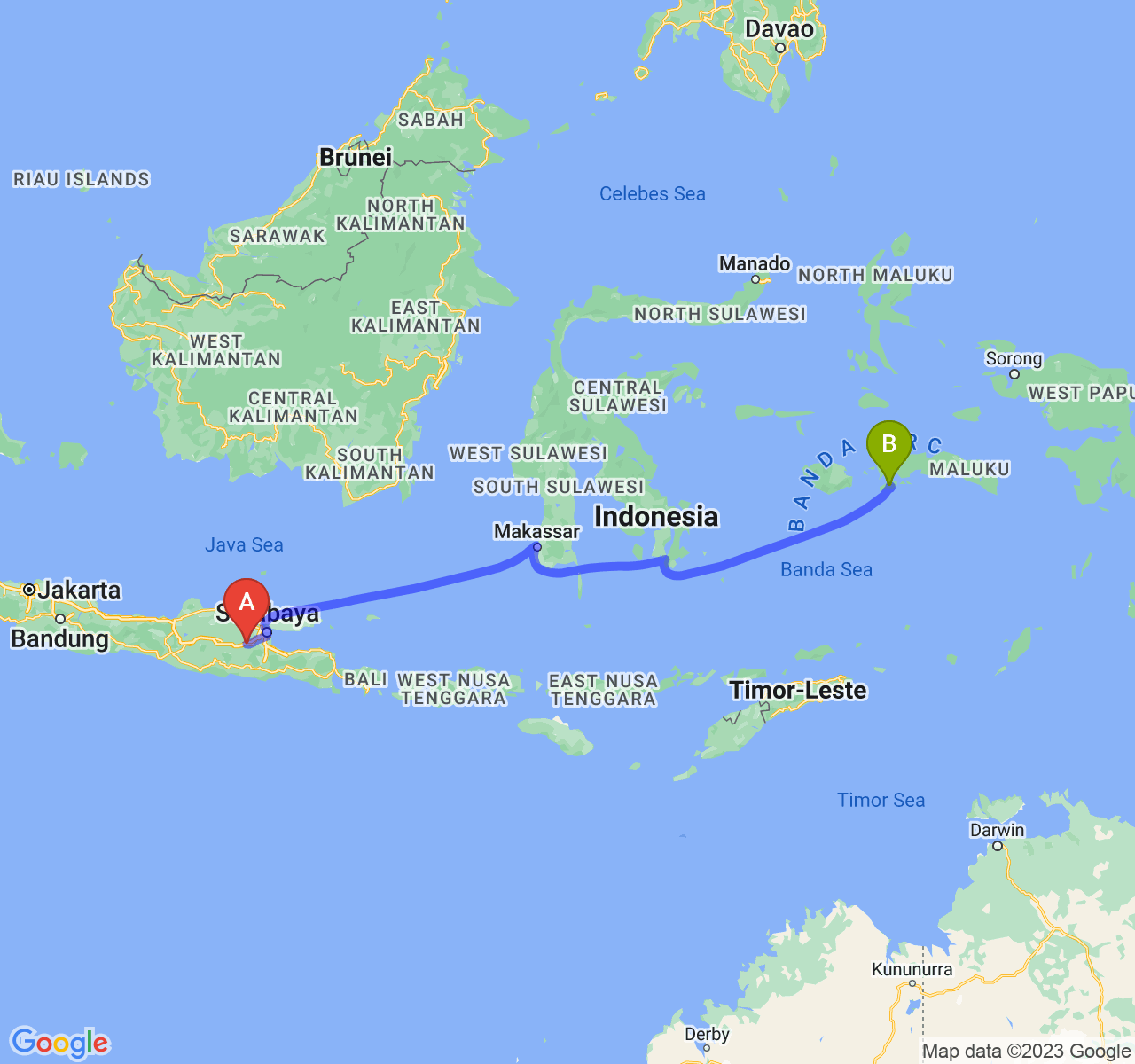 perjalanan dengan rute Kab. Jombang-Kota Ambon