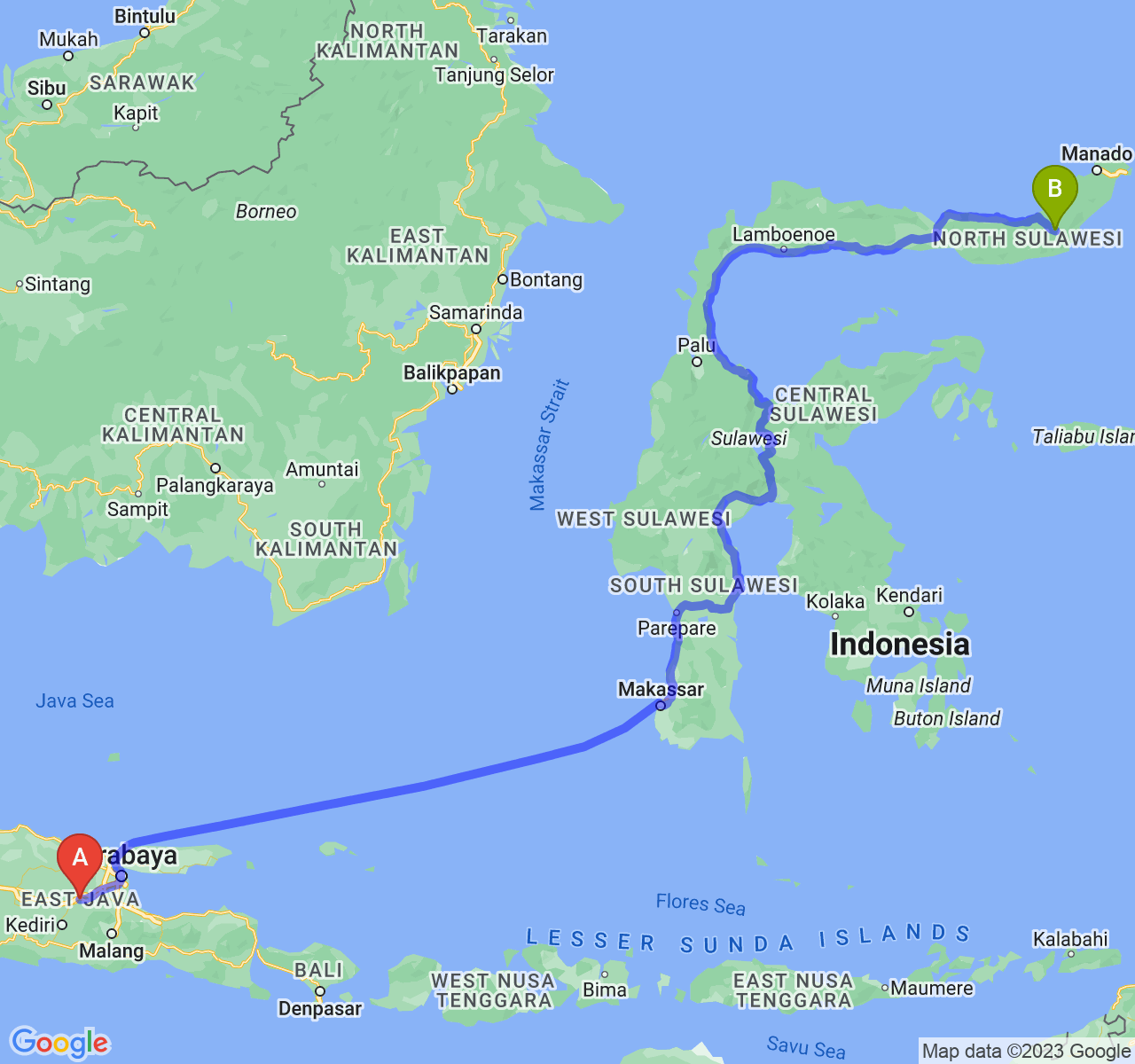 perjalanan dengan rute Kab. Jombang-Kota Kotamobagu