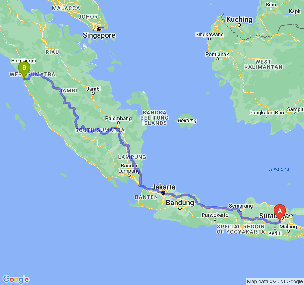 perjalanan dengan rute Kab. Jombang-Kota Padang