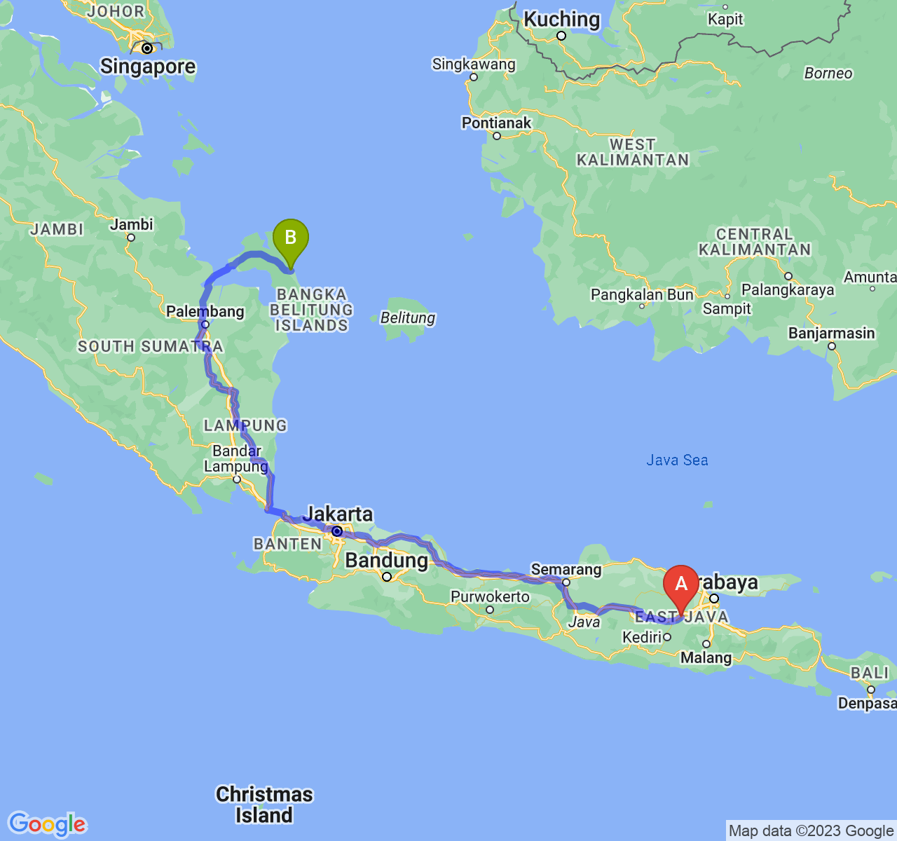 perjalanan dengan rute Kab. Jombang-Kota Pangkalpinang