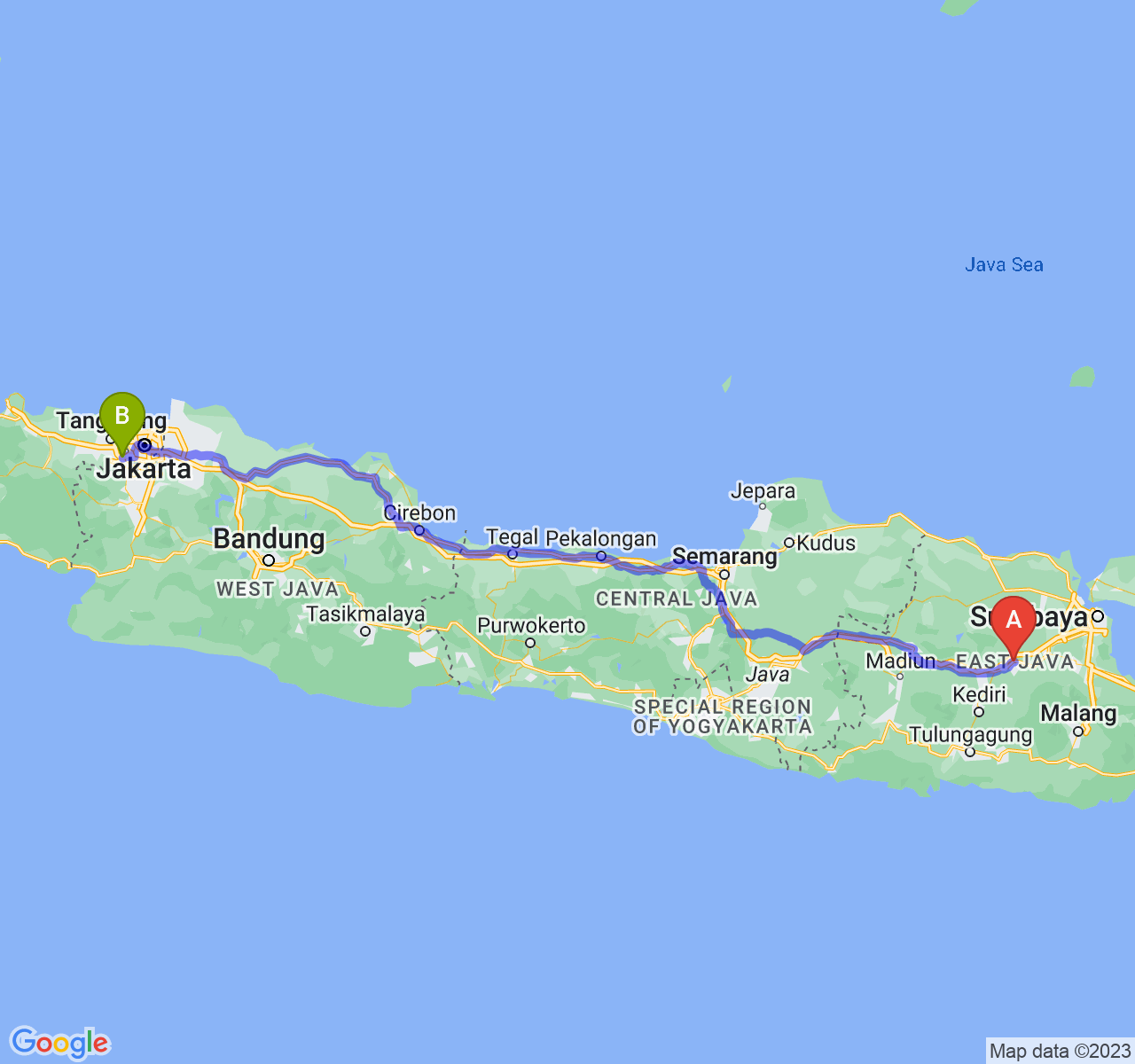 perjalanan dengan rute Kab. Jombang-Kota Tangerang Selatan