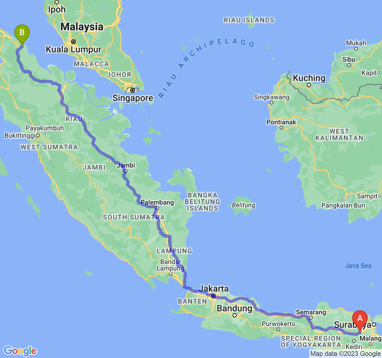 perjalanan dengan rute Kab. Jombang-Kota Tanjung Balai