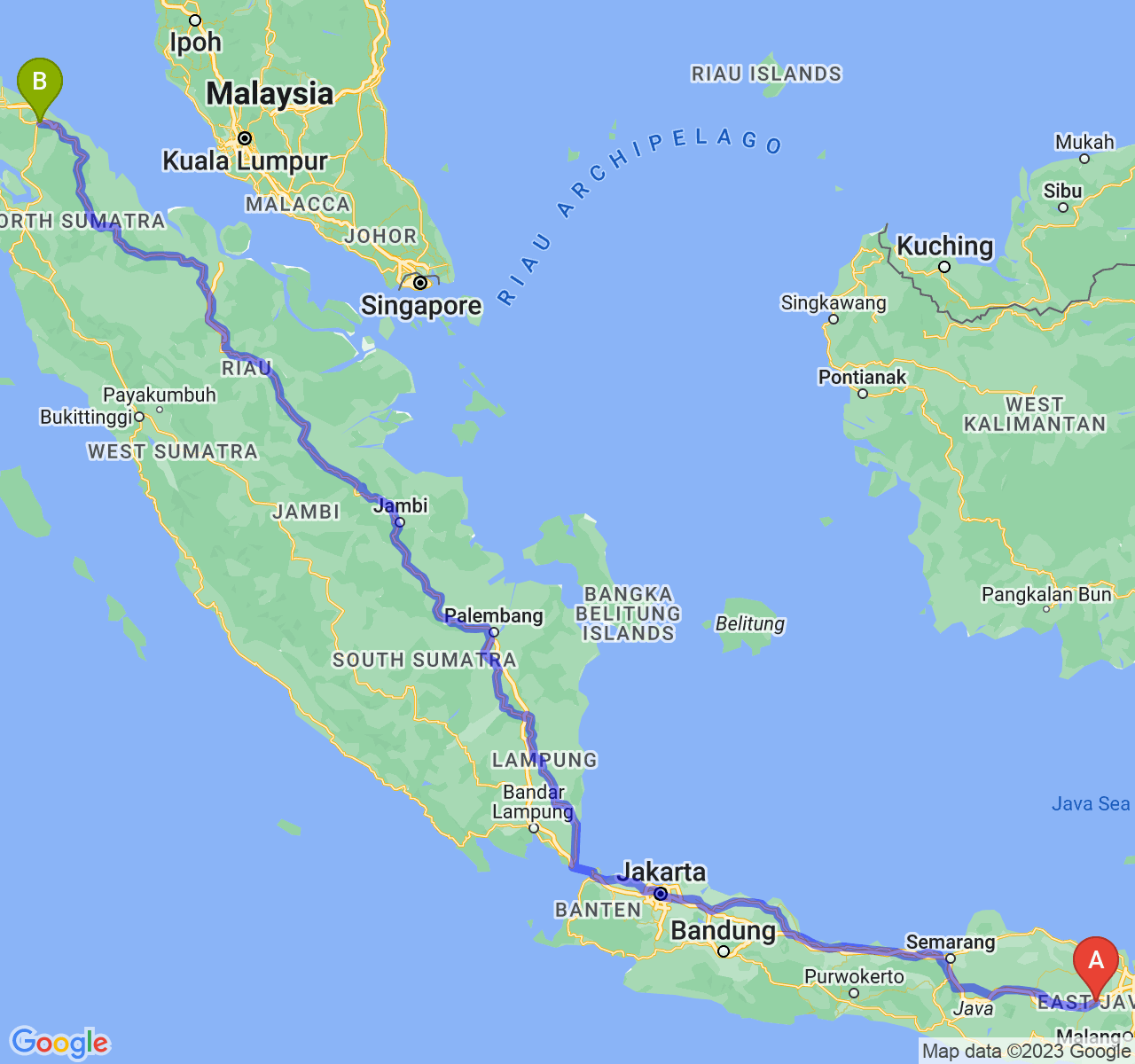 perjalanan dengan rute Kab. Jombang-Kota Tebing Tinggi