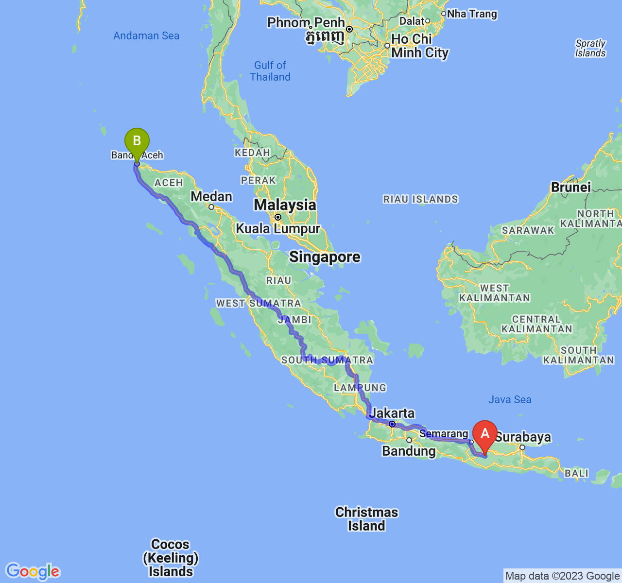 perjalanan dengan rute Kab. Karanganyar-Kota Banda Aceh