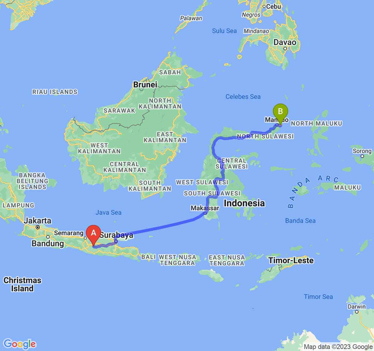 perjalanan dengan rute Kab. Karanganyar-Kota Bitung