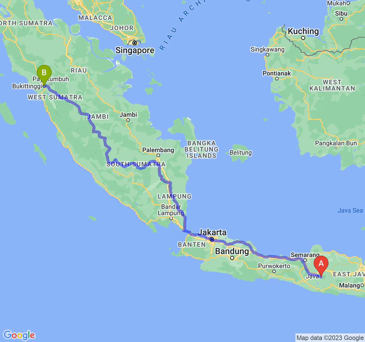 perjalanan dengan rute Kab. Karanganyar-Kota Bukittinggi