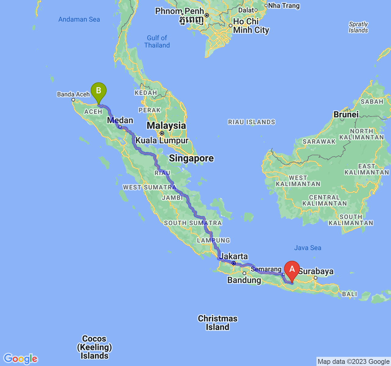 perjalanan dengan rute Kab. Karanganyar-Kota Lhokseumawe