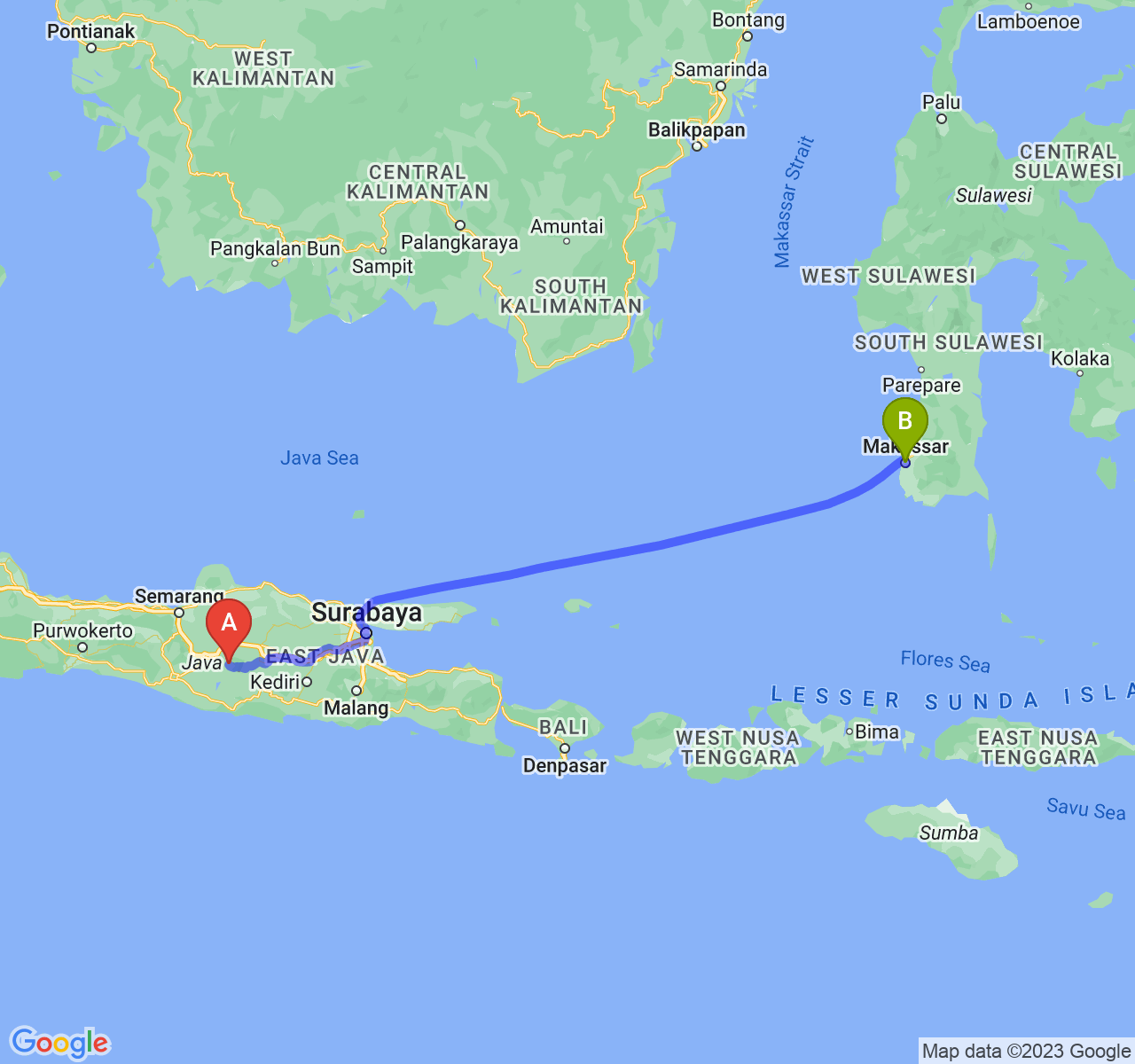 perjalanan dengan rute Kab. Karanganyar-Kota Makassar