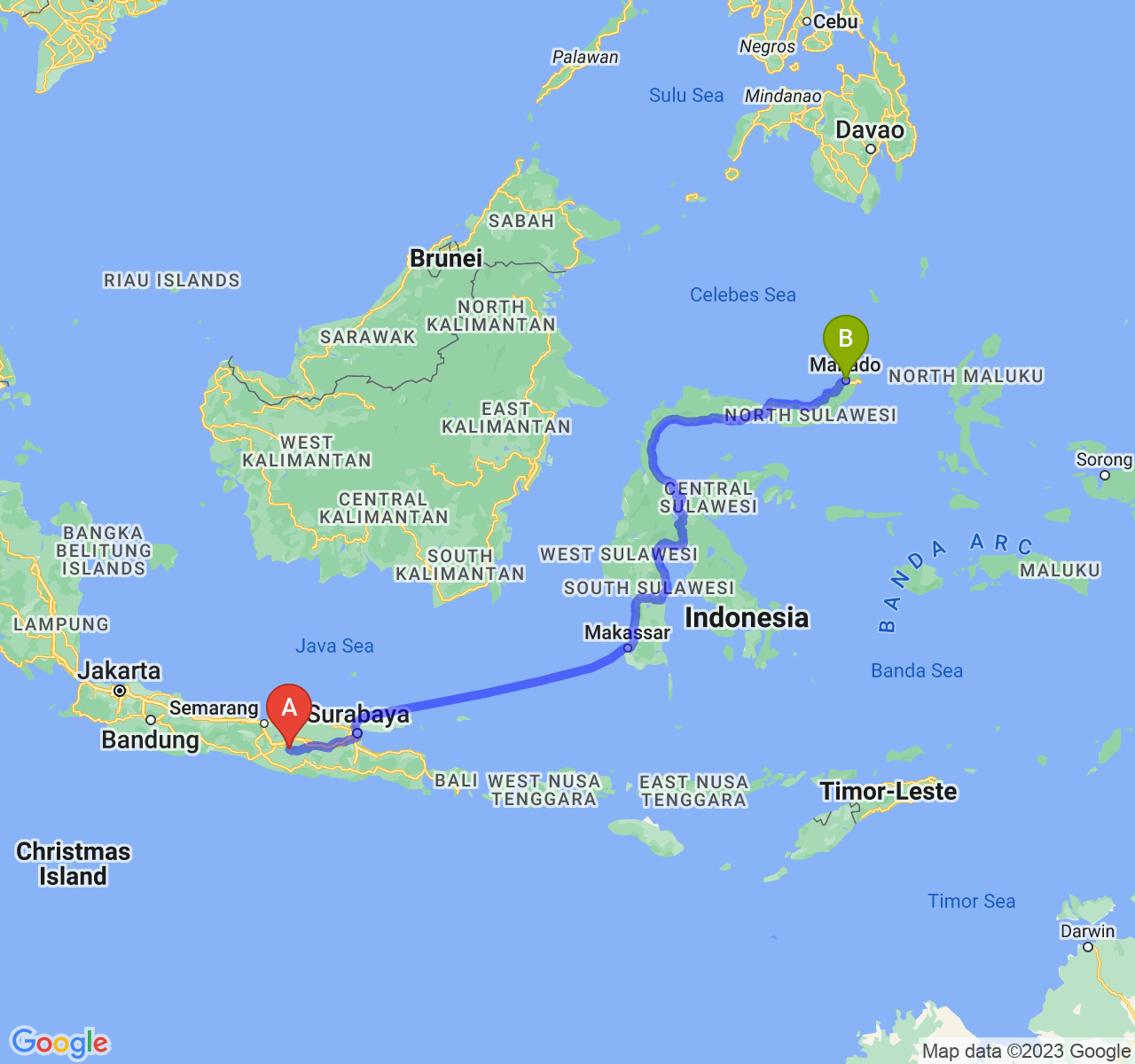 perjalanan dengan rute Kab. Karanganyar-Kota Manado