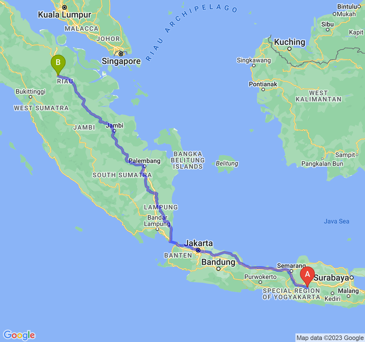 perjalanan dengan rute Kab. Karanganyar-Kota Pekanbaru