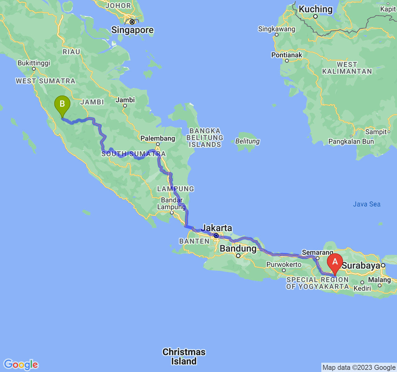 perjalanan dengan rute Kab. Karanganyar-Kota Sungai Penuh