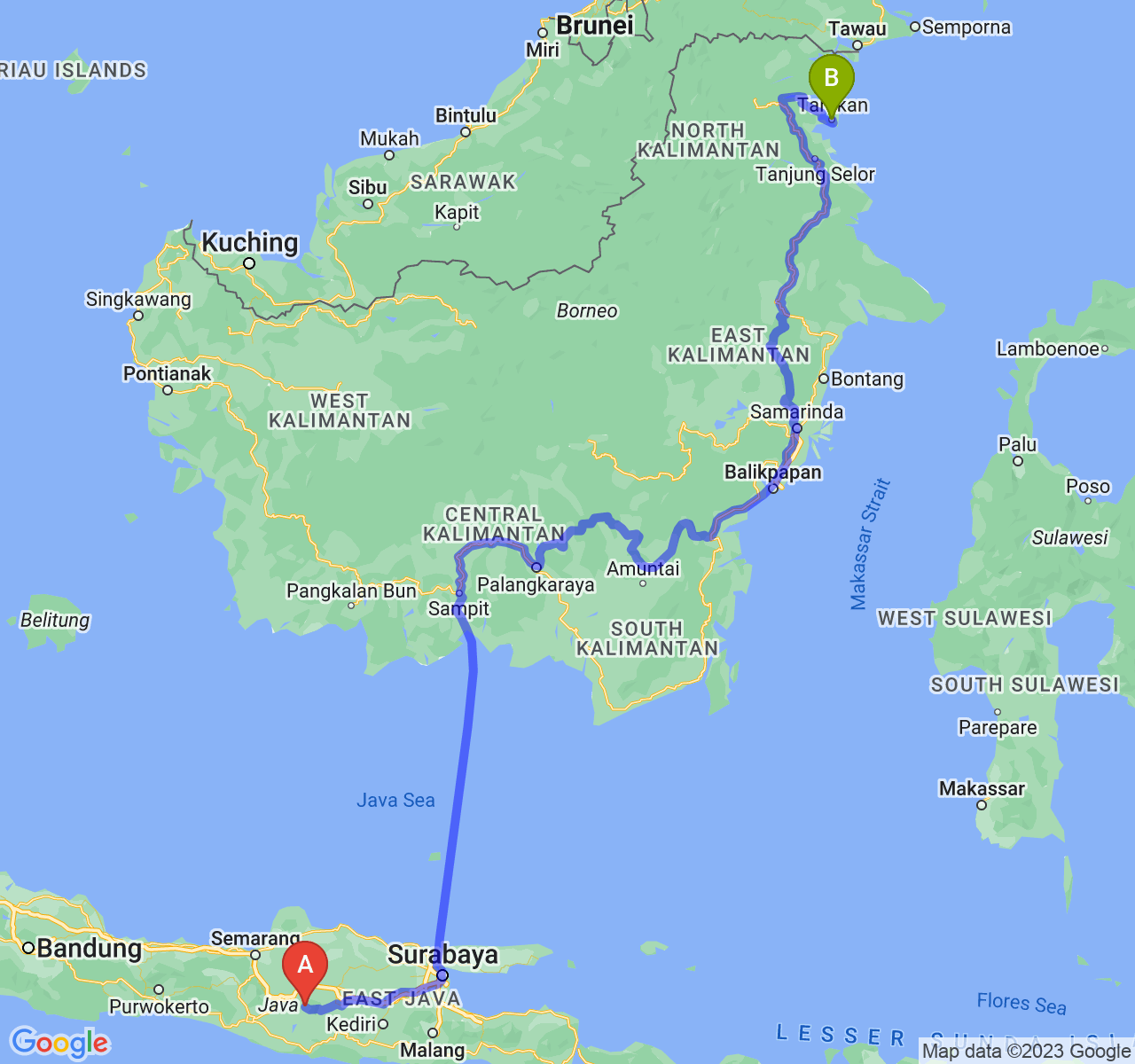 perjalanan dengan rute Kab. Karanganyar-Kota Tarakan