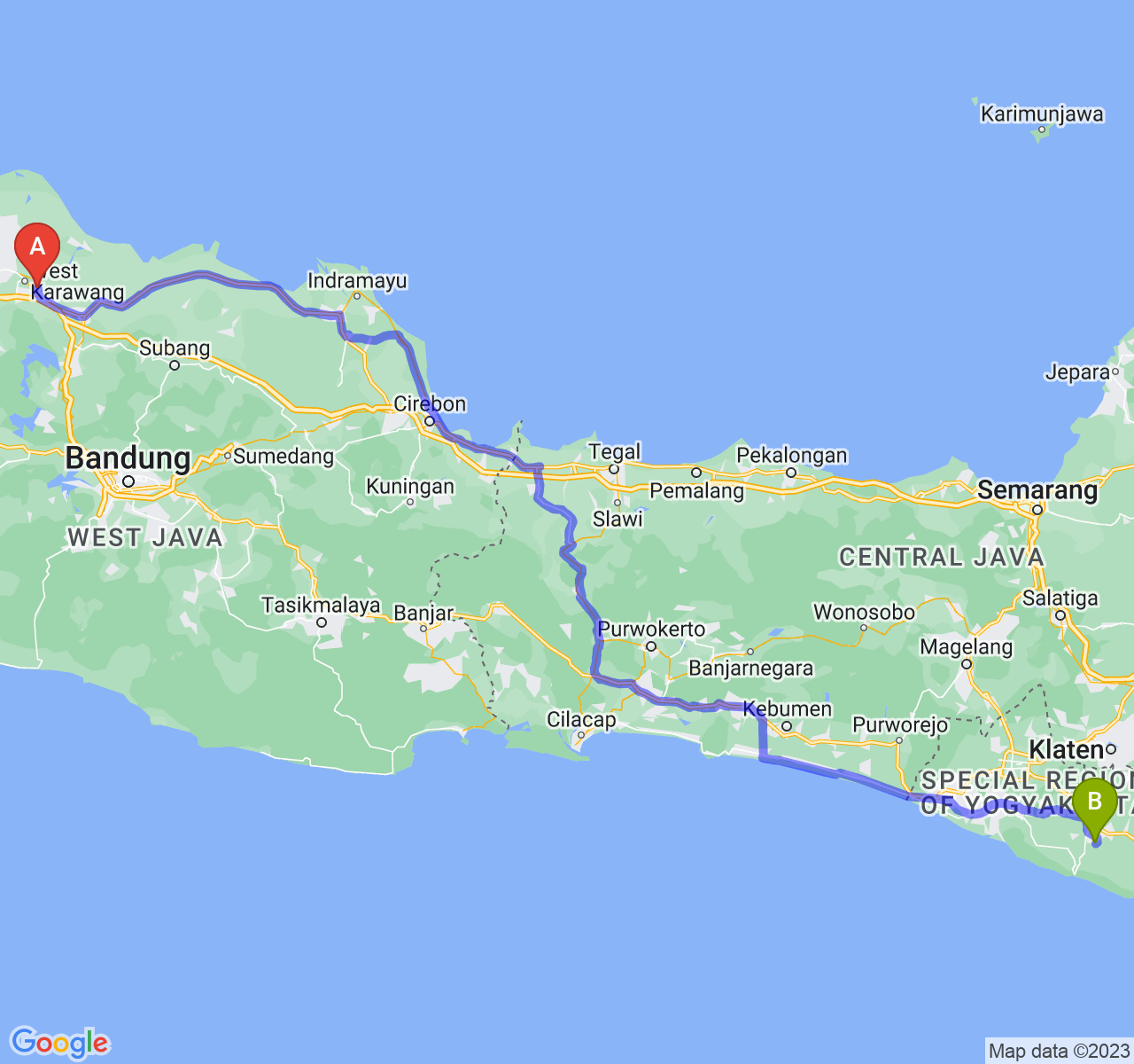 perjalanan dengan rute Kab. Karawang-Kab. Gunung Kidul