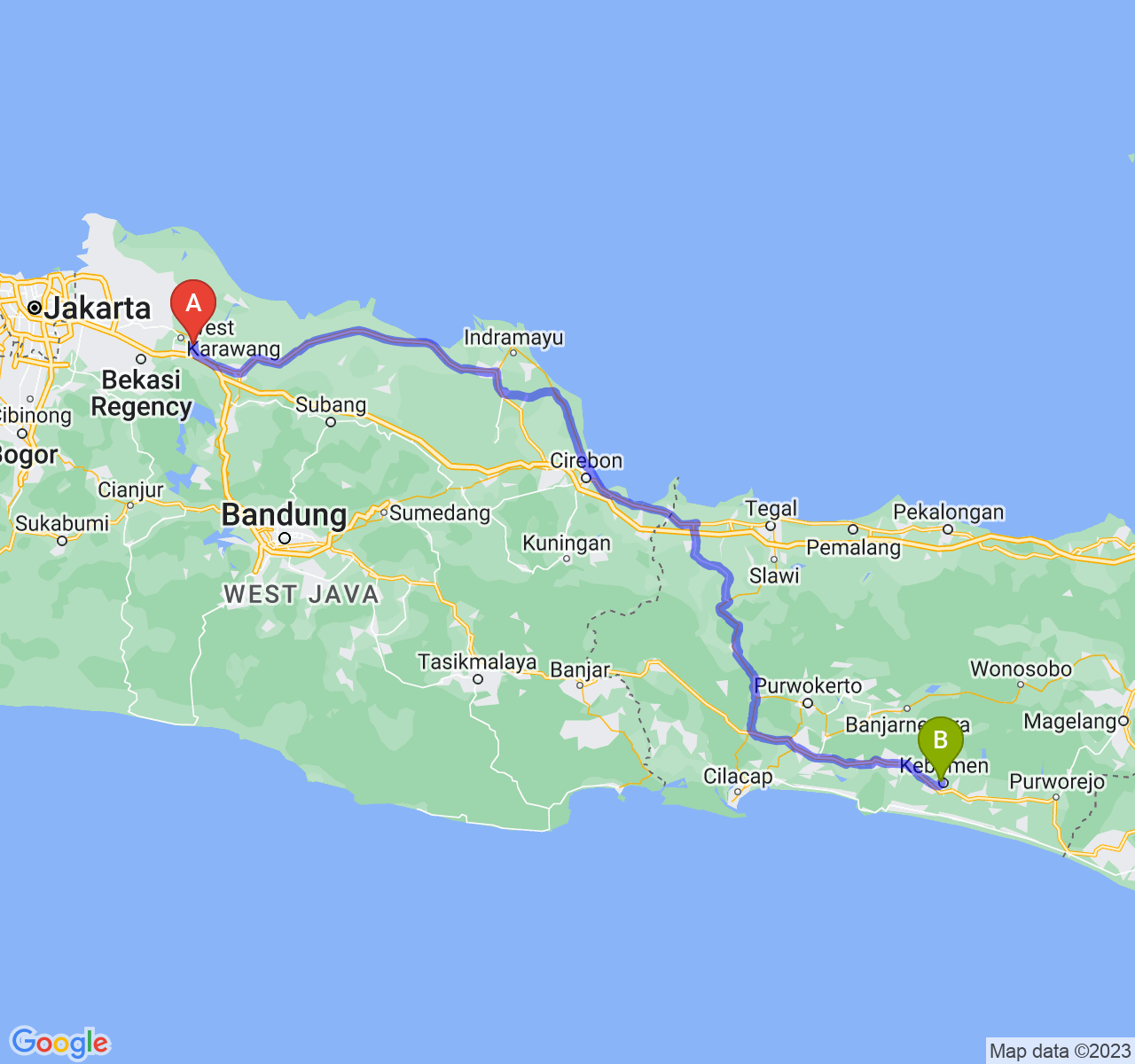 perjalanan dengan rute Kab. Karawang-Kab. Kebumen